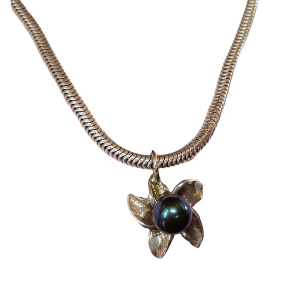 Tahitian Black Pearl and 925  Plumeria Pendant on a .925 Snake chain
